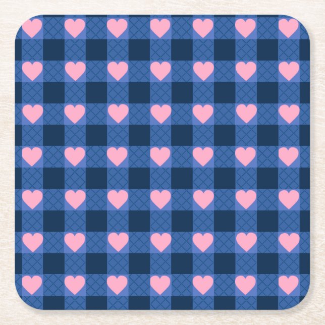 Country Gingham Blue Pink Heart Pattern Square Paper Coaster (Front)