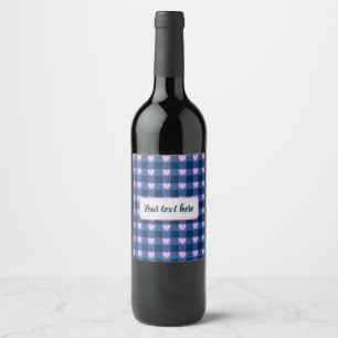 Country Gingham Blue Pink Heart Pattern Wine Label
