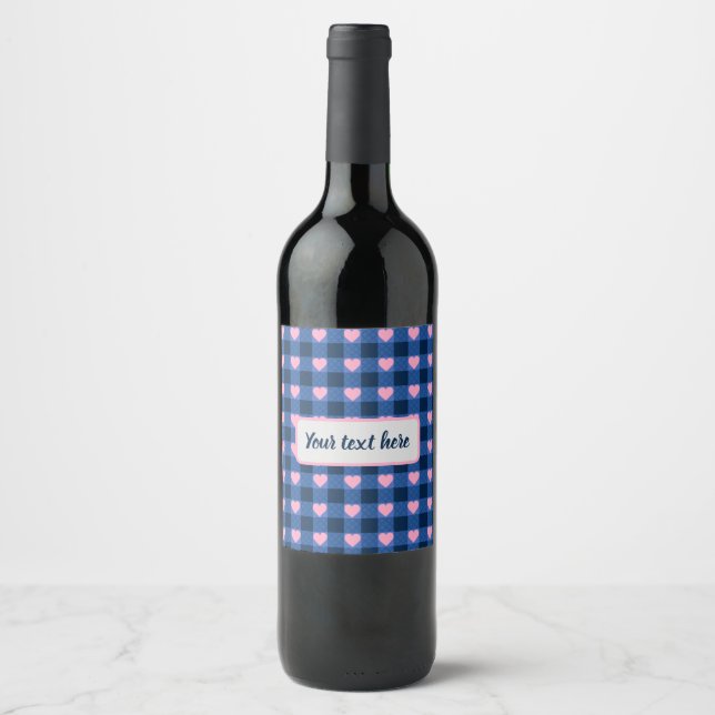 Country Gingham Blue Pink Heart Pattern Wine Label (Front)