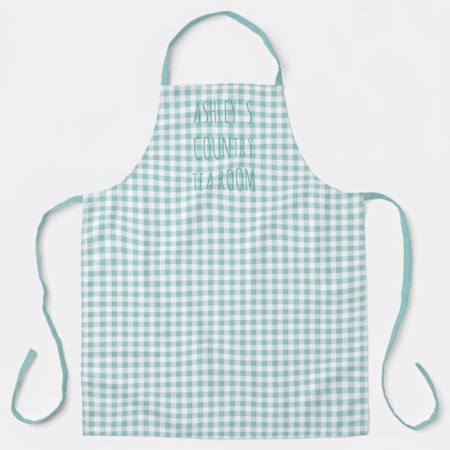Country Gingham Check Blue and White Personalized Apron (Front)