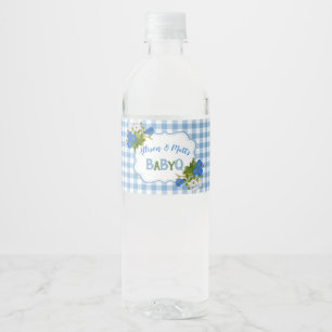 Country Gingham Check Blue Flowers Baby Q BBQ Water Bottle Label