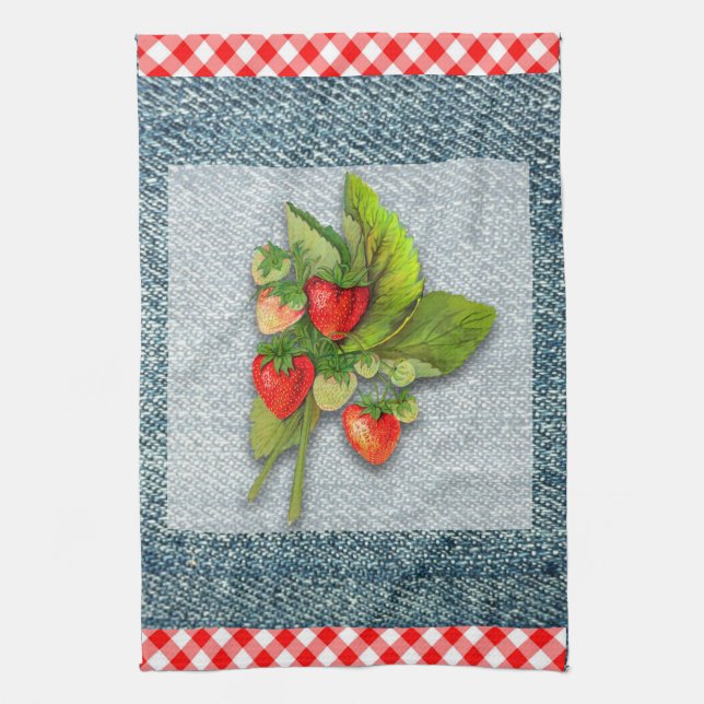 Country Gingham, Denim, and Strawberries Tea Towel (Vertical)