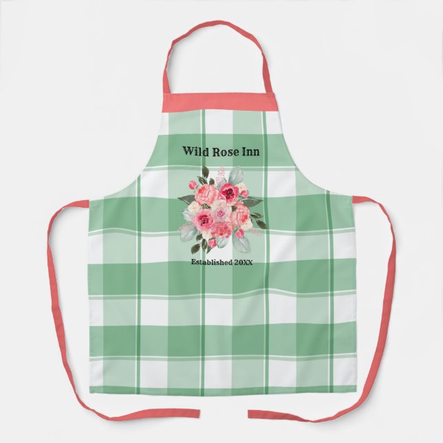 Country Gingham Wild Roses B & B Custom Farmhouse Apron (Front)