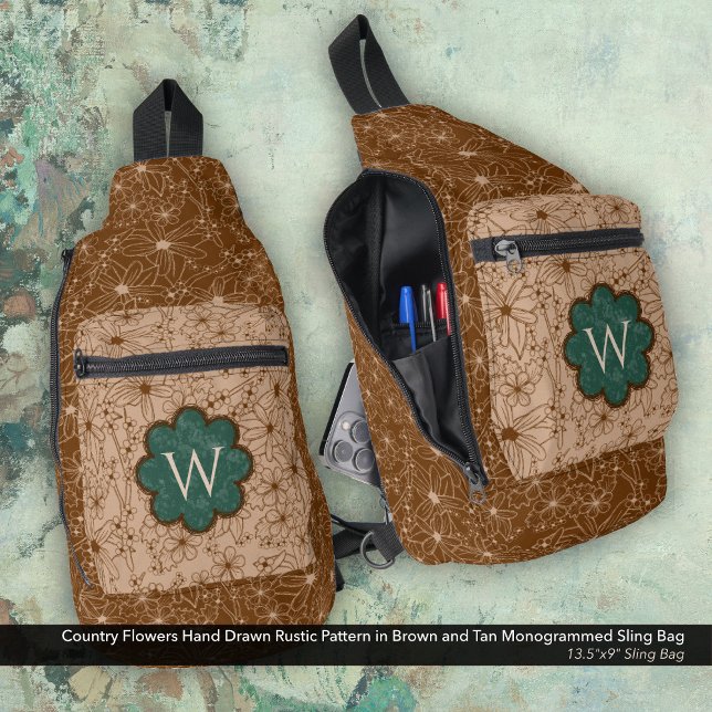 Country Girl Rustic Floral Pattern Green Brown Sling Bag (Sling Bag: Country Flowers Hand Drawn Rustic Pattern in Brown and Tan with a Forest Green Monogram)