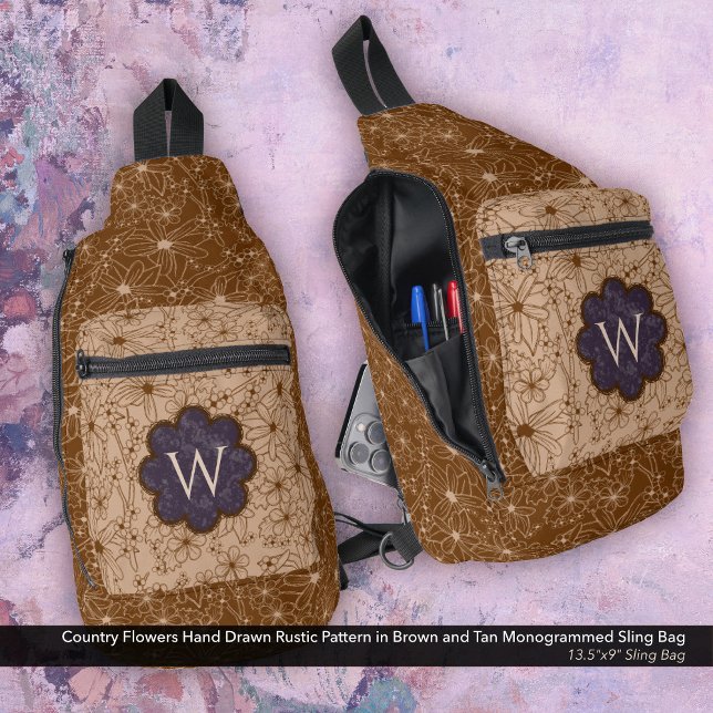Country Girl Rustic Floral Pattern Purple Brown Sling Bag (Sling Bag: Country Flowers Hand Drawn Rustic Pattern in Brown and Tan with a Dark Purple Monogram)