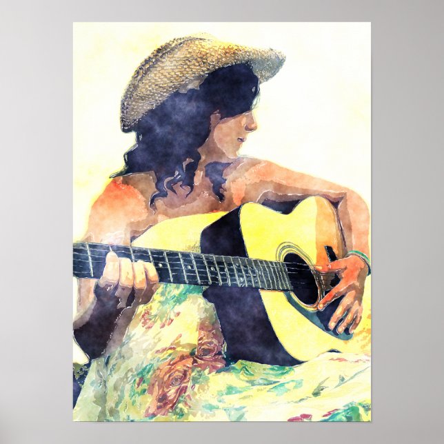 Country Girl with Acoustic Guitar Water Colour Poster (Front)