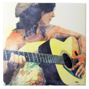 Country Girl with Acoustic Guitar Water Colour Tile