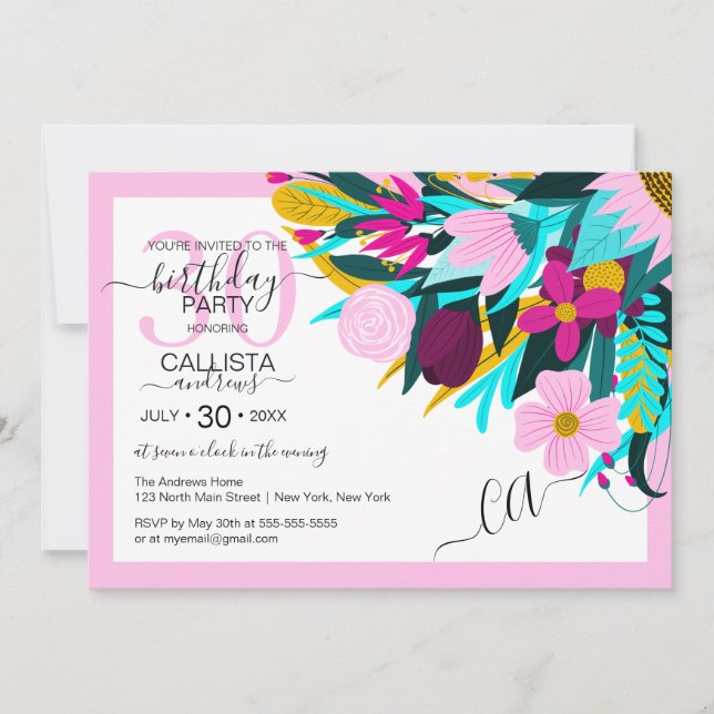 Country Golden Pink Floral Leaves Border Birthday Invitation (Front)
