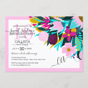 Country Golden Pink Floral Leaves Border Sweet 16 Invitation