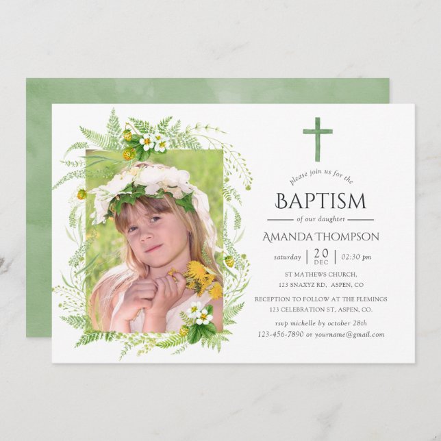 Country Greenery Baptism or Christening Invitation (Front/Back)