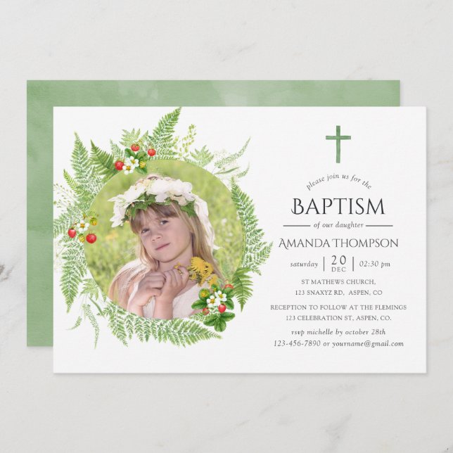 Country Greenery Baptism or Christening Invitation (Front/Back)