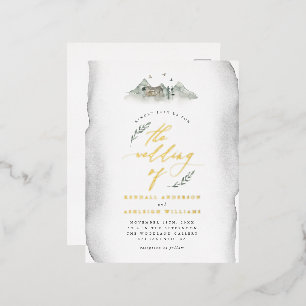 Country Grey Watercolor Leaves & Mountain Wedding Foil Invitation Postcard