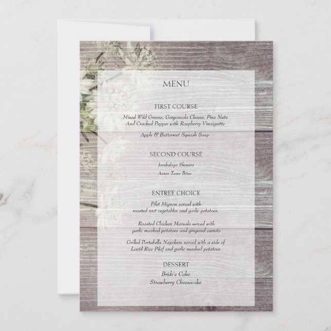 Country Grey Wood Floral Wedding Reception Menu Invitation (Front)