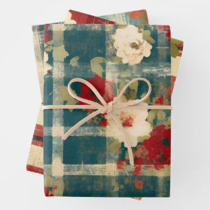 Country Grunge Distressed Plaid Floral Decoupage Wrapping Paper Sheet