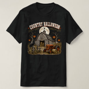 Country Halloween Pumpkin Barn Farm Tractor T-Shirt