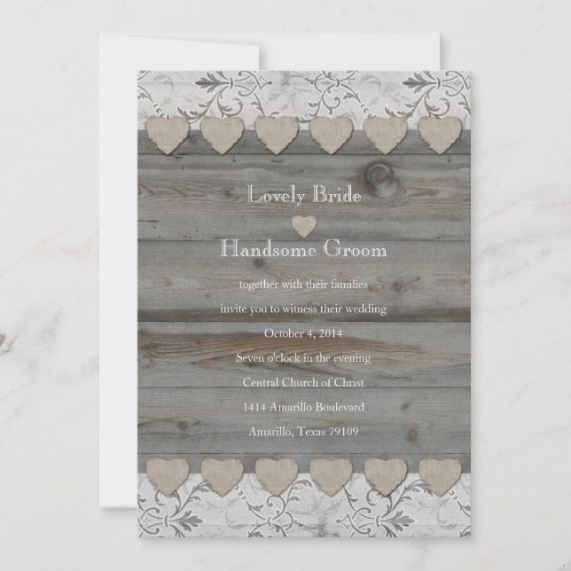 Country Hearts Lace Wood 2 Side Wedding Invitation (Front)