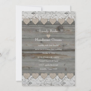 Country Hearts Lace Wood Wedding Invitation