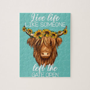 country heifer highland cow with sunflowers farm f jigsaw puzzle