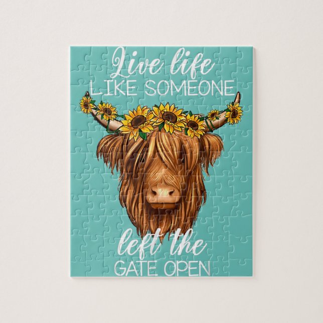 country heifer highland cow with sunflowers farm f jigsaw puzzle (Vertical)