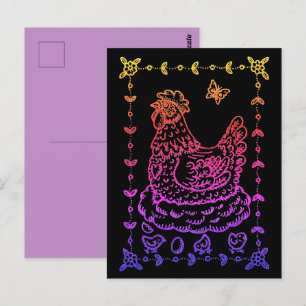 COUNTRY HEN, EGG, CHICK & FOLK ART BORDER POSTCARD