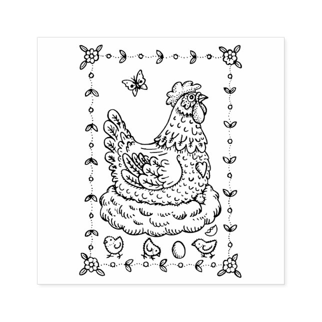 COUNTRY HEN, NEST, EGG, CHICK FOLK ART BORDER nice Rubber Stamp (Imprint)