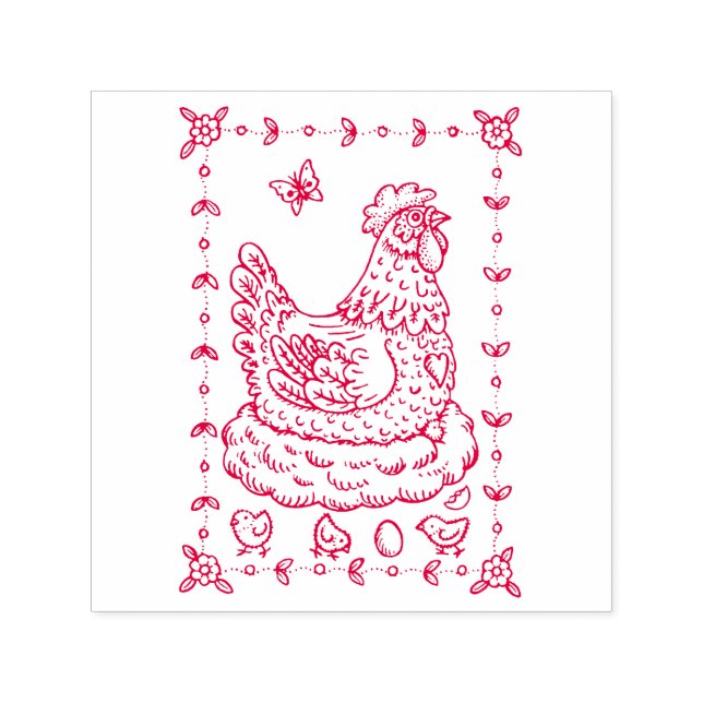 COUNTRY HEN, NEST, EGG, CHICK FOLK ART BORDER nice Self-inking Stamp (Design)