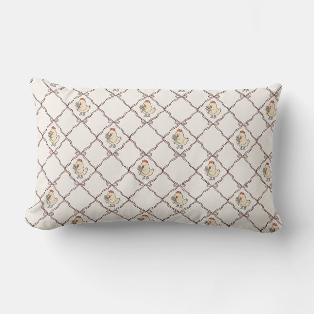 Country Hen Pattern with Red Bow Lattice Lumbar Cushion (Front)
