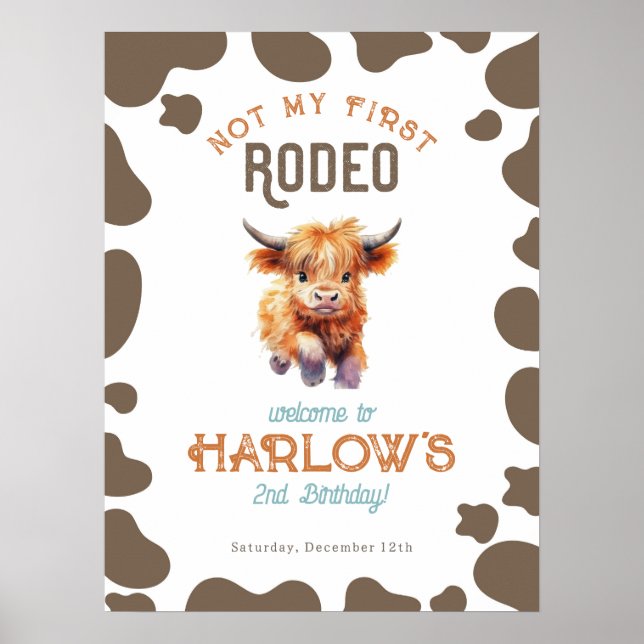 Country Highland Cow Not My First Rodeo Birthday Poster (Front)
