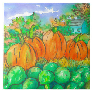 Country Home Pumpkin Patch Autumn Trees Ceramic Tile
