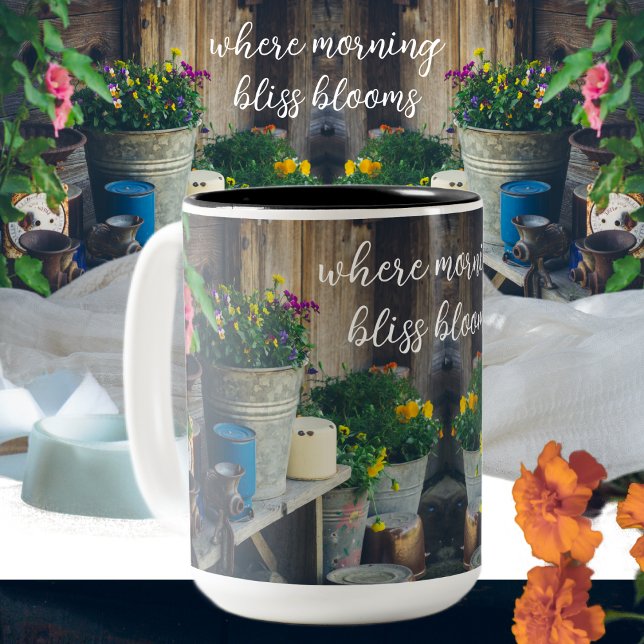 Country house porch adorned with vibrant pansies Two-Tone coffee mug (Creator Uploaded)