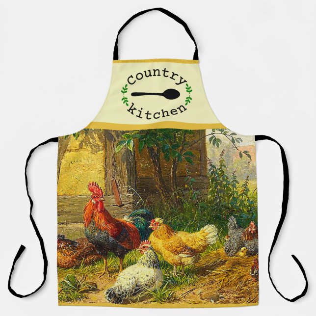 Country Kitchen Farmyard Rooster Hens Apron (Front)