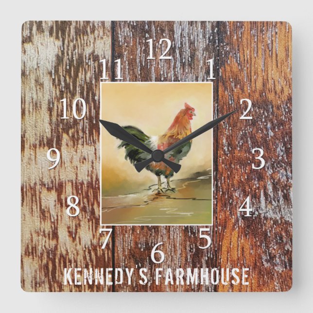Country Kitchen Rooster Rustic Wood Farmhouse Name Square Wall Clock (Front)