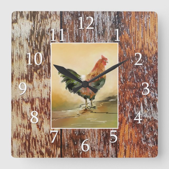 Country Kitchen Rooster Rustic Wood Farmhouse Square Wall Clock (Front)