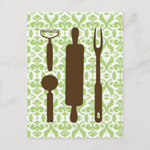 Country Kitchen - Utensils on damask. Postcard
