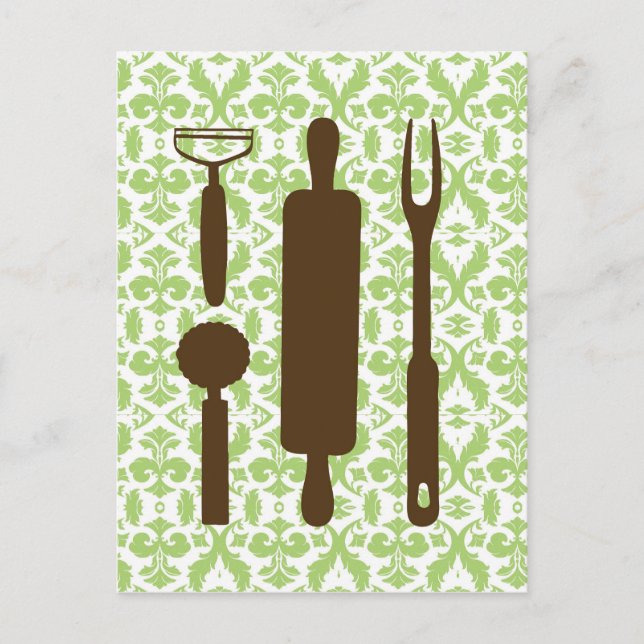 Country Kitchen - Utensils on damask. Postcard (Front)