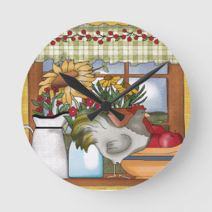 Country Kitchen Window, Rooster Round Clock