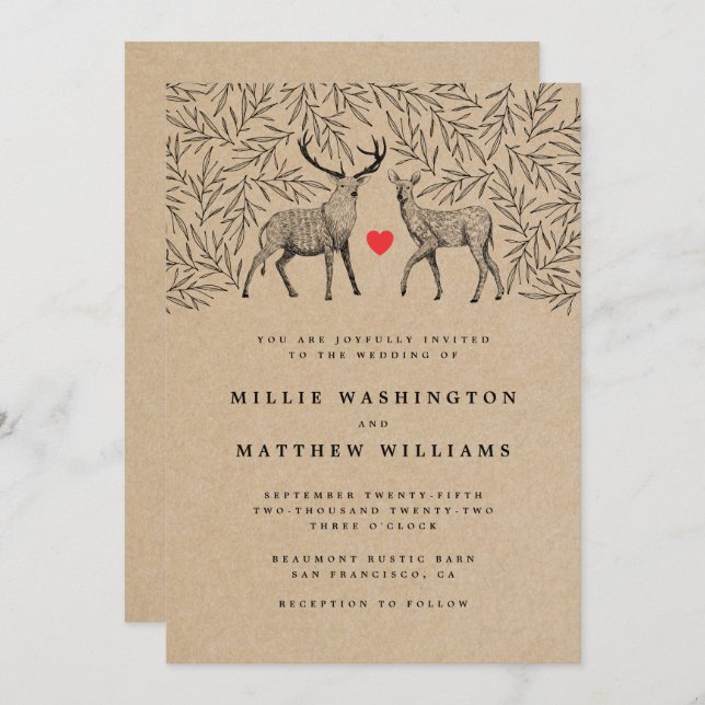 Country Kraft Woodland Buck Doe Botanical Wedding Invitation (Front/Back)