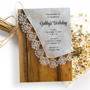 Country Lace and Barn Wood Birthday Party Invitation