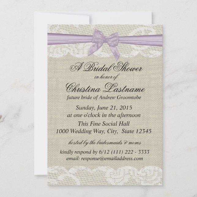 Country Lace and Burlap with Lavender Bow Shower Invitation (Front)