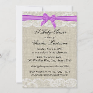 Country Lace and Burlap with Purple Bow Shower Invitation