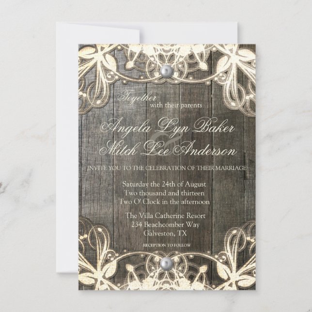 Country Lace and Wood Rustic Wedding Invitation (Front)