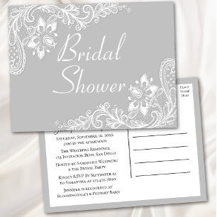 Country Lace Grey White Lacy Elegant Bridal Shower Invitation Postcard
