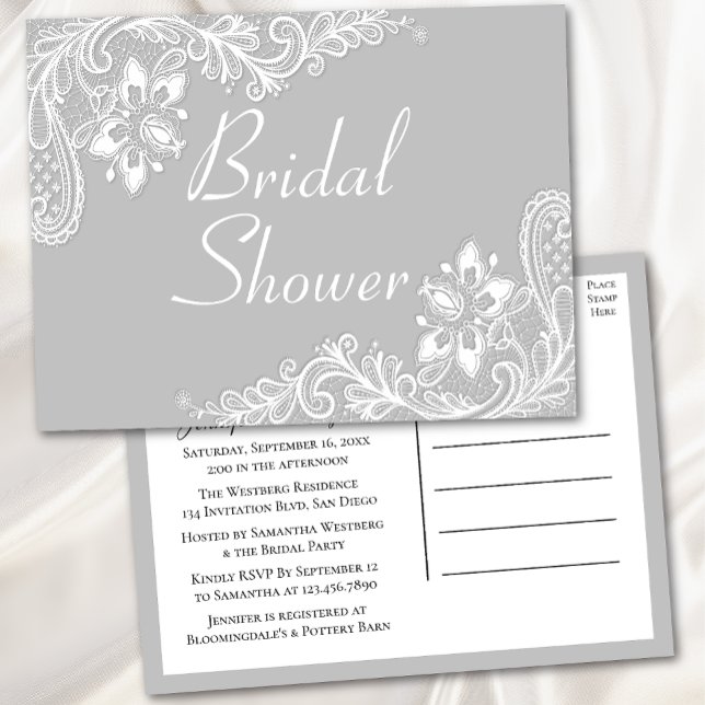 Country Lace Grey White Lacy Elegant Bridal Shower Invitation Postcard (Creator Uploaded)
