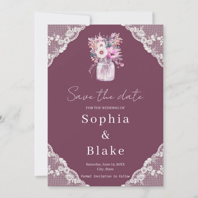 Country Lace Mason Jar Burgundy Save the Date  Invitation (Front)