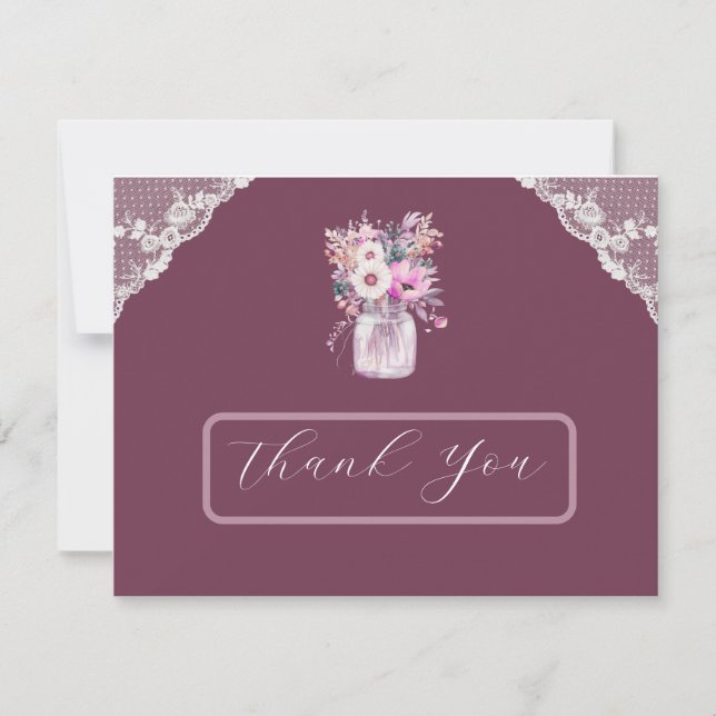 Country Lace Mason Jar Burgundy Thank You Card (Front)