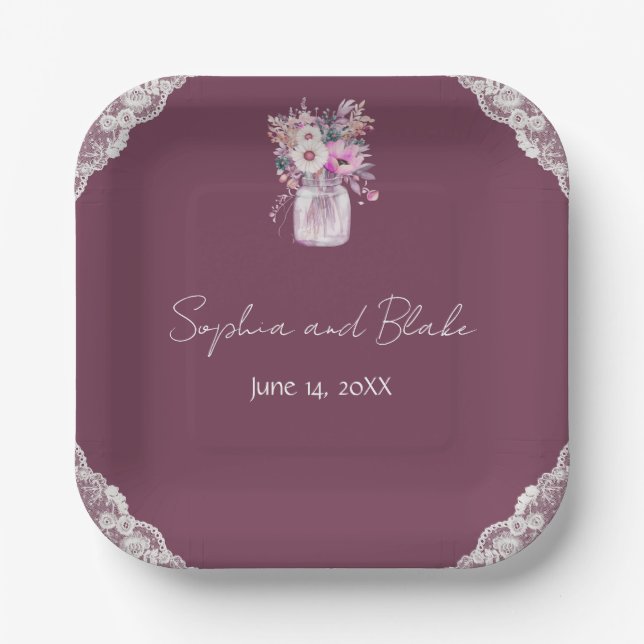 Country Lace Mason Jar Burgundy Wedding Paper Plate (Front)