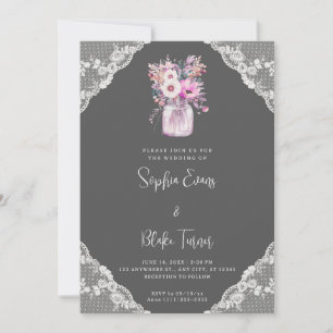 Country Lace & Mason Jar Flowers Grey Wedding Invitation