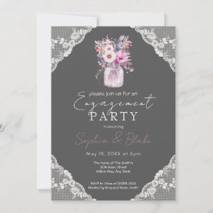 Country Lace Mason Jar Grey Engagement Party Invitation