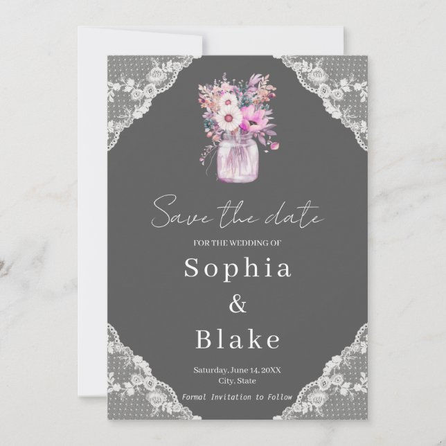Country Lace Mason Jar Grey Save the Date  Invitation (Front)