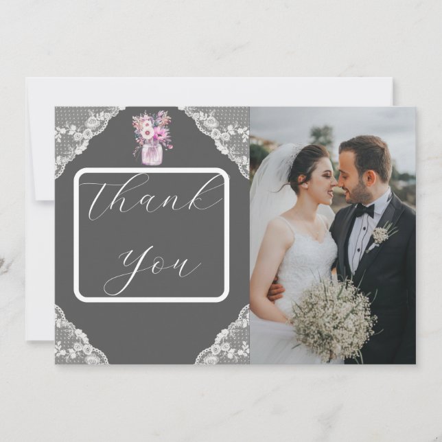 Country Lace Mason Jar Grey Thank You Card (Front)